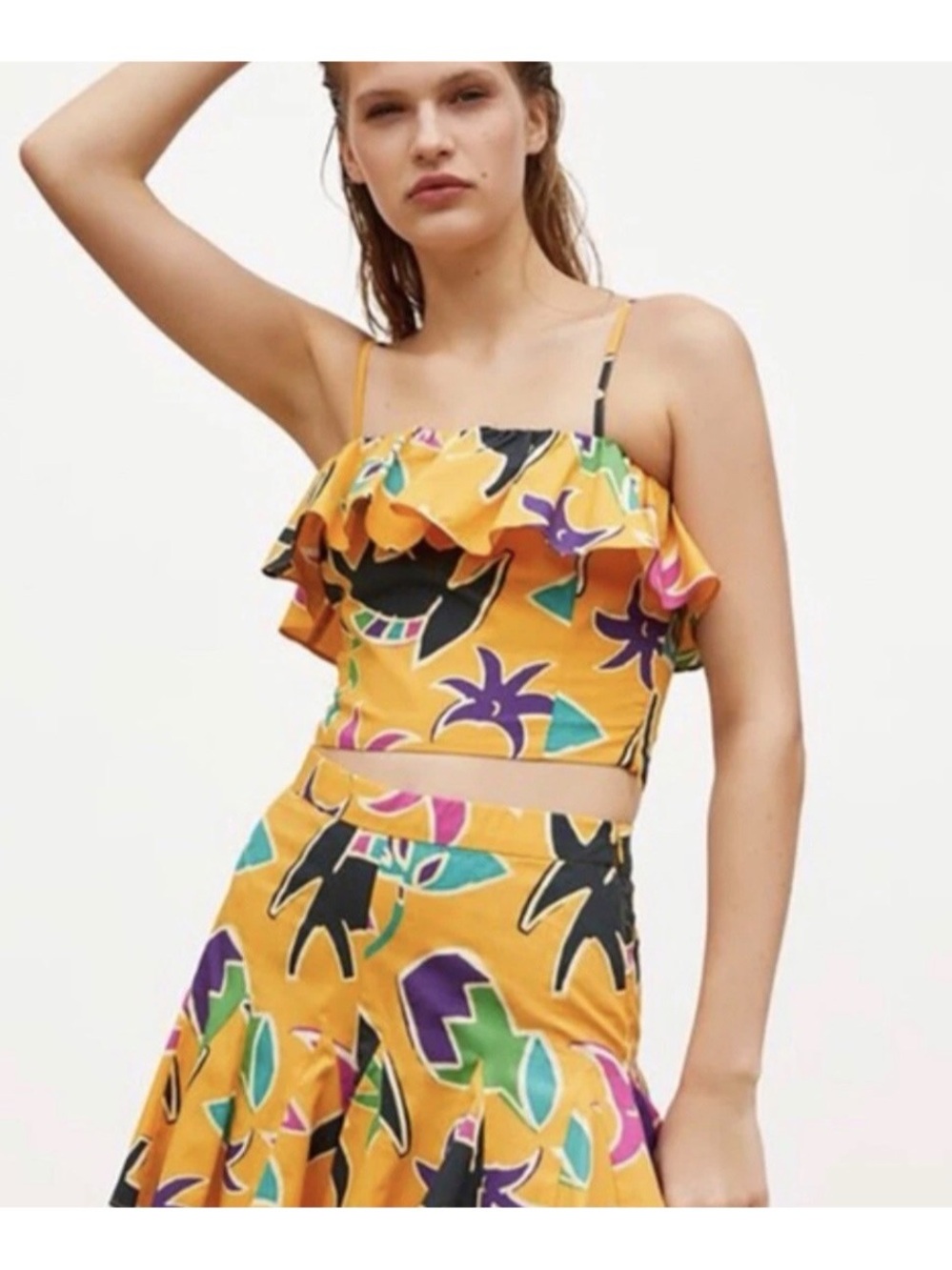 Zara Yellow Ruffled‎ Crop Top Dark Yellow Tropical Size US Medium